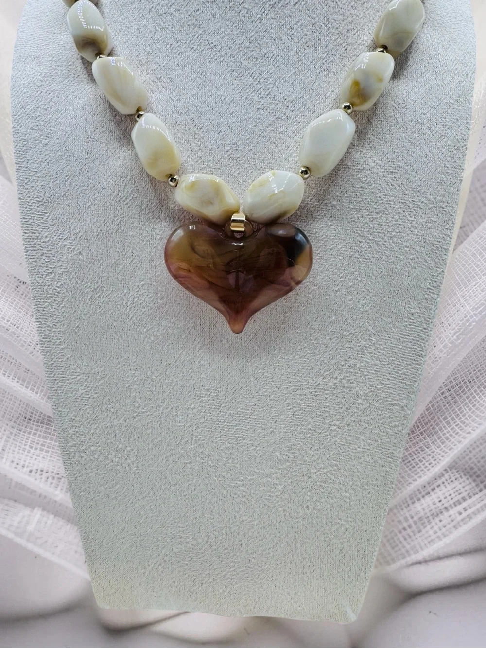 Acrylic & Resin Heart Pendant Statement Necklace in Cream & Espresso